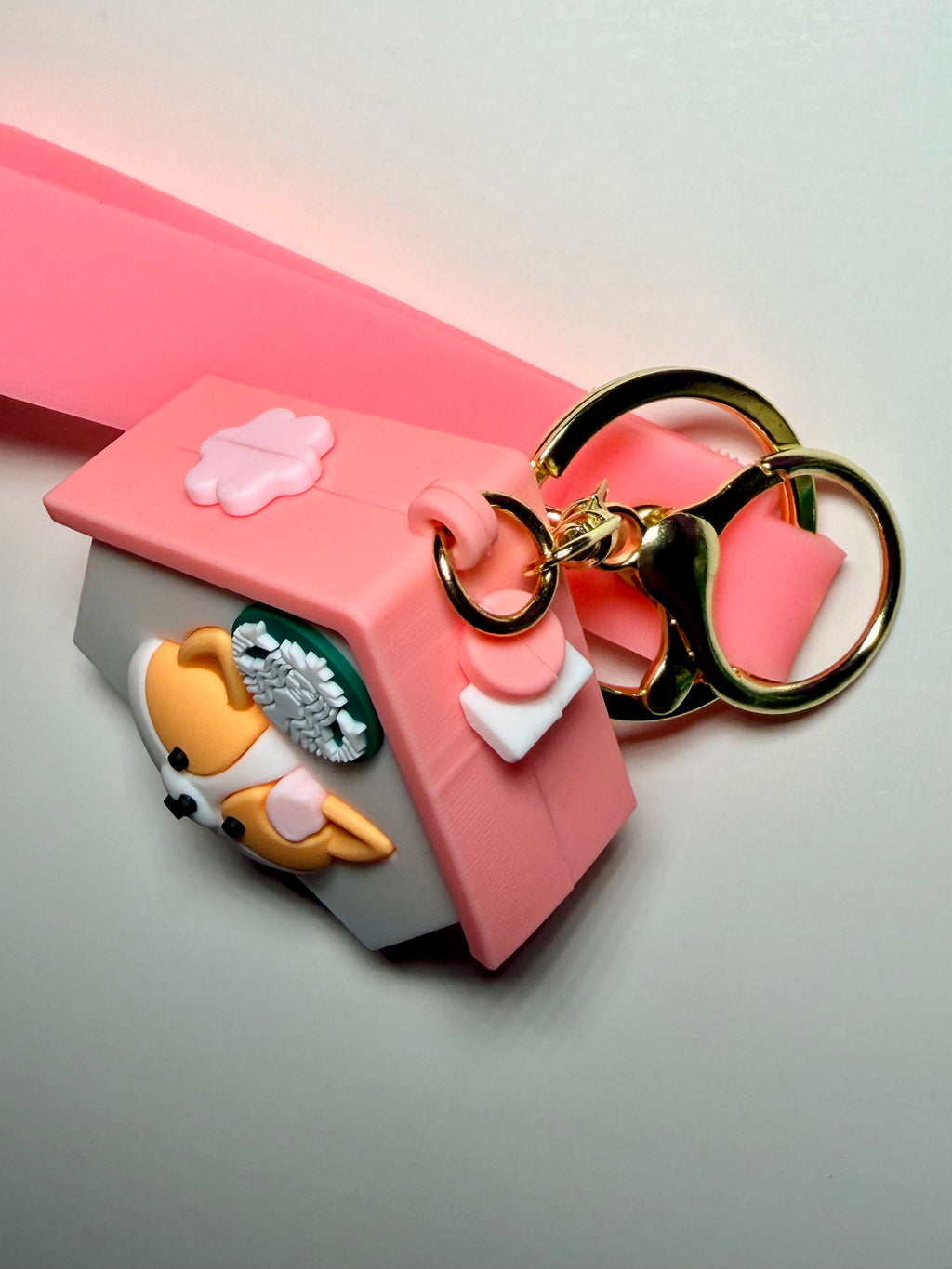 Corgi Starbucks House Keychain with Pink Wrist Strap