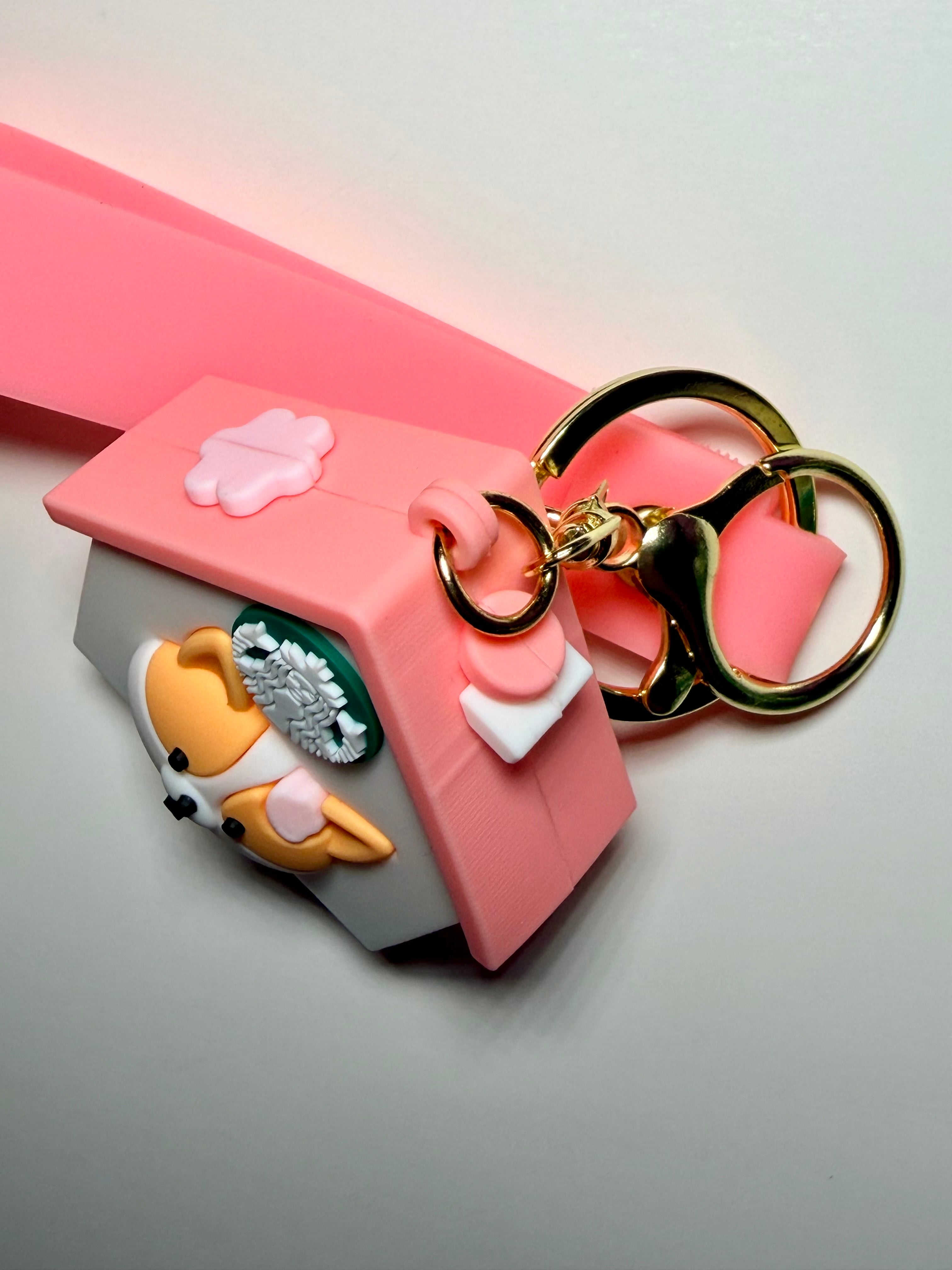 Corgi Starbucks House Keychain with Pink Wrist Strap