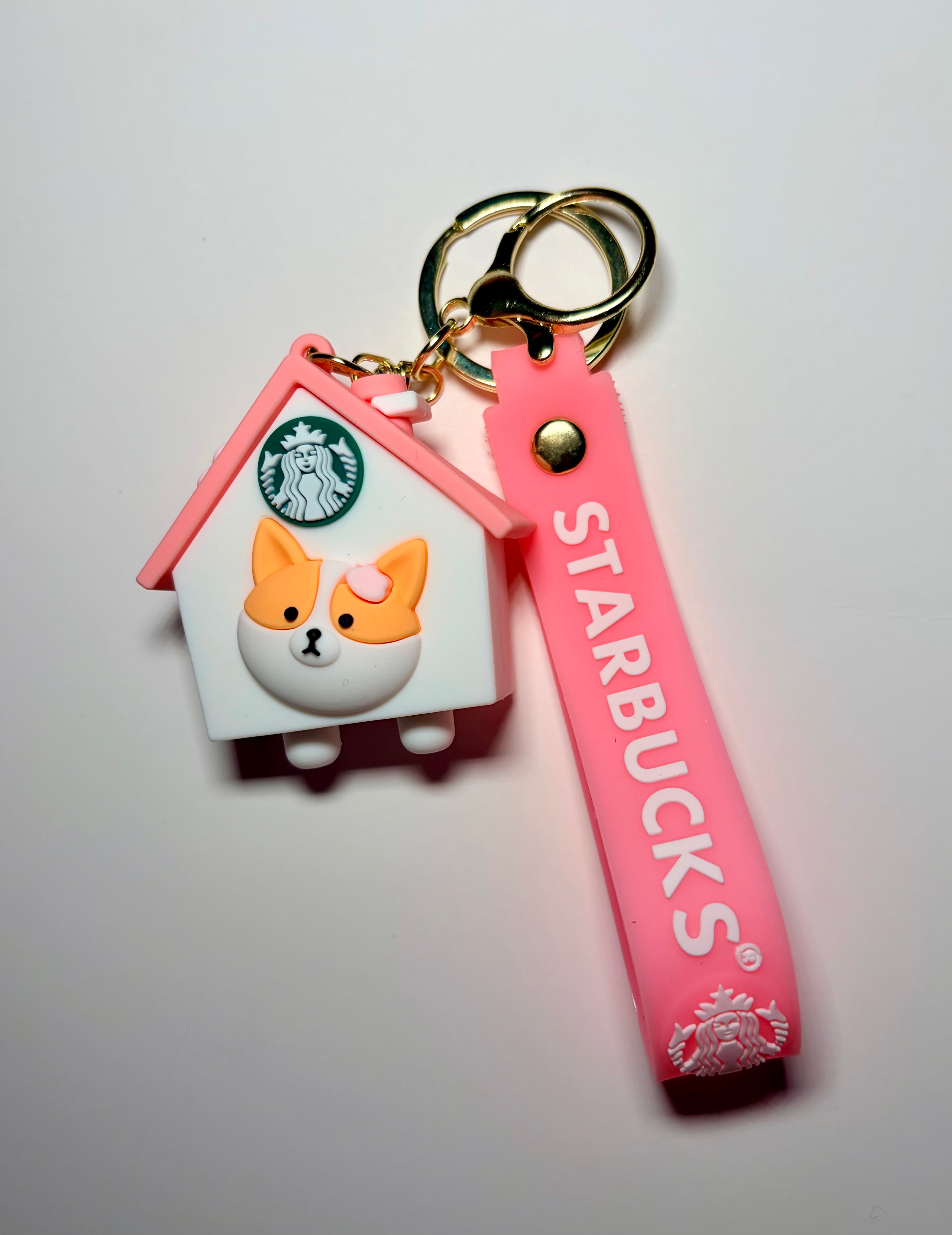 Corgi Starbucks House Keychain with Pink Wrist Strap