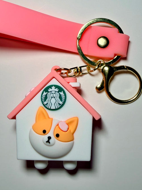 Corgi Starbucks House Keychain with Pink Wrist Strap